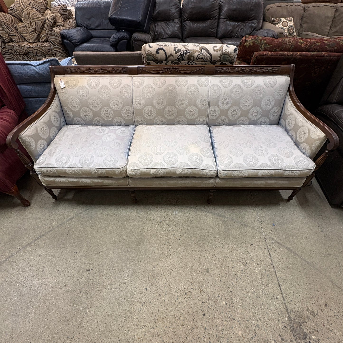 Antique Wood-Frame Damask Sofa
