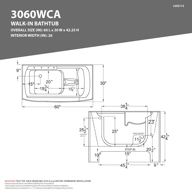 30" x 60" WalkIn Whirlpool Tub