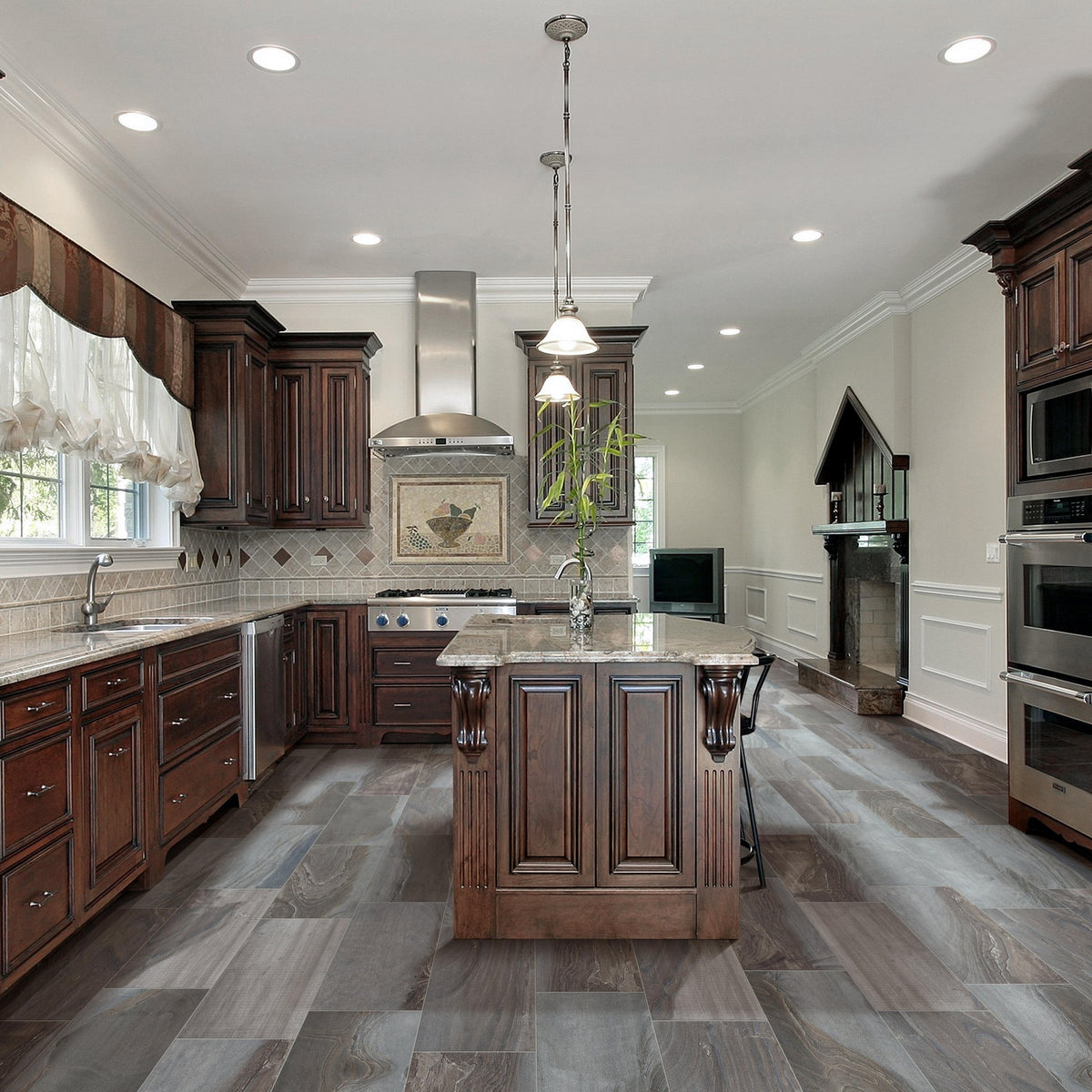 Fossil Smoke porcelain tile floor in a kitchen