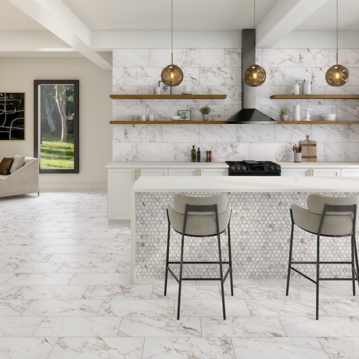 GDM Habitat for Humanity ReStore Calacatta Gem Hex Mosaic tiles on a modern kitchen island with marble flooring