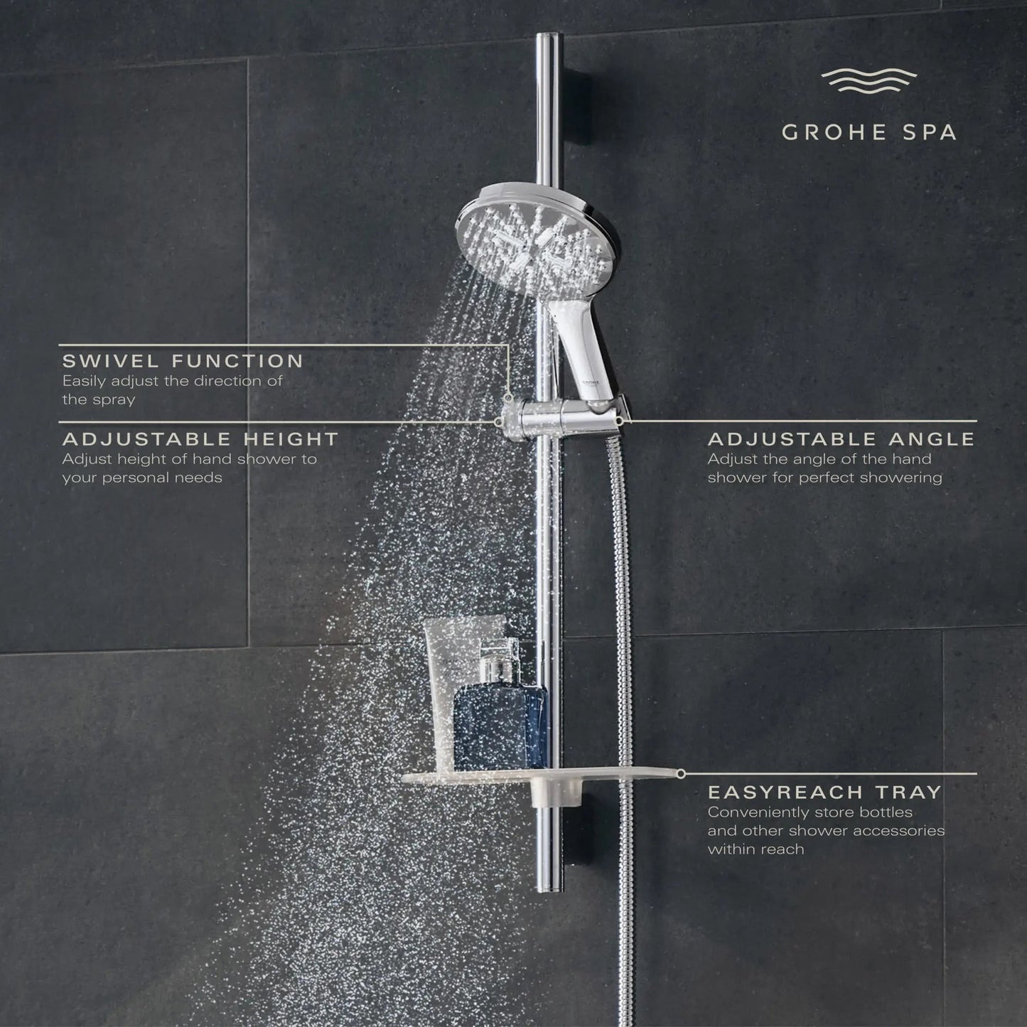 GDM Habitat for Humanity ReStore Grohe Rainshower slide bar with adjustable hand shower, swivel head, and storage tray