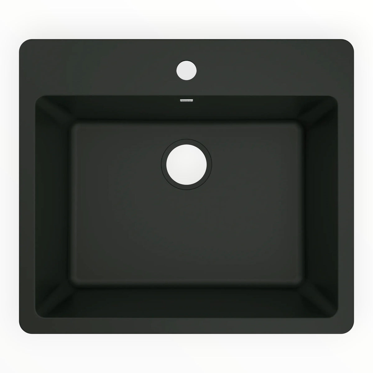 Top-down view of a matte black Moen granite kitchen sink from GDM Habitat for Humanity ReStore with a single faucet hole