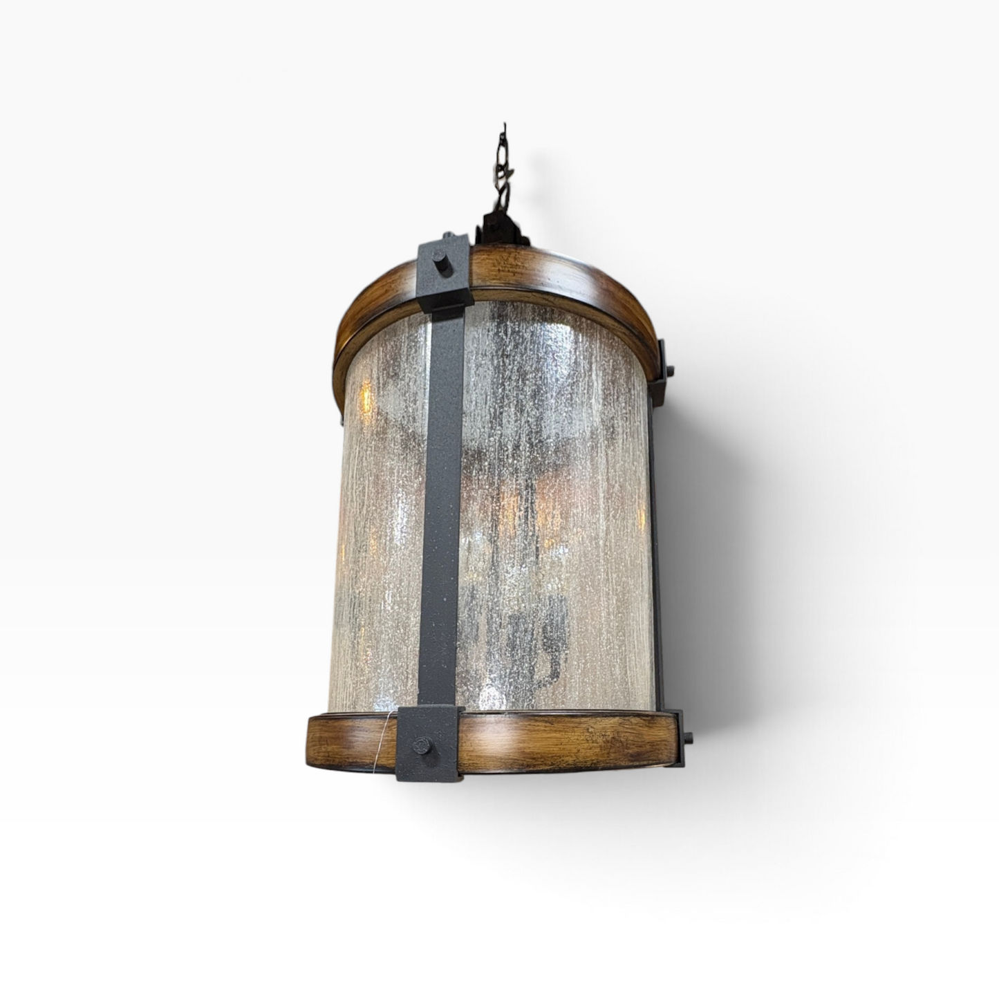 GDM Habitat for Humanity ReStore rustic industrial pendant light with wood-tone frame and seeded glass shade.