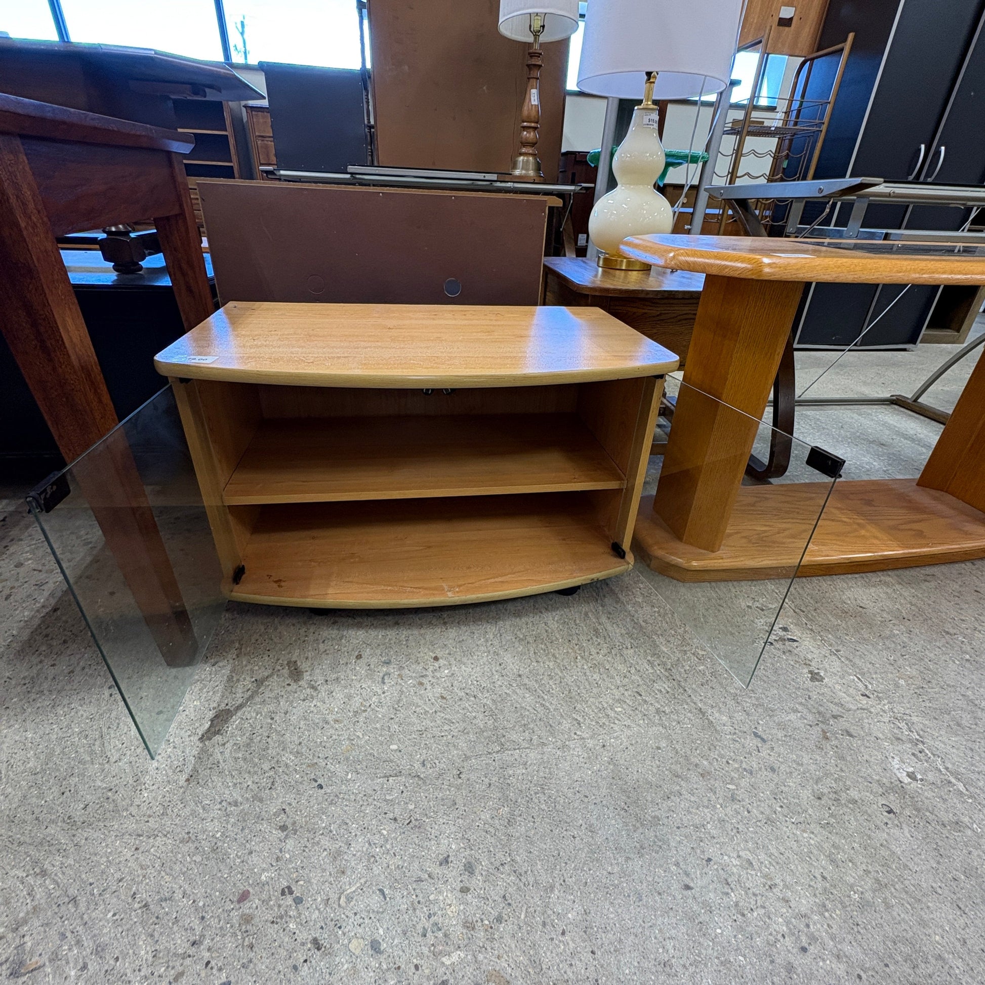 Oak TV Stand Cart Glass Doors - additional view