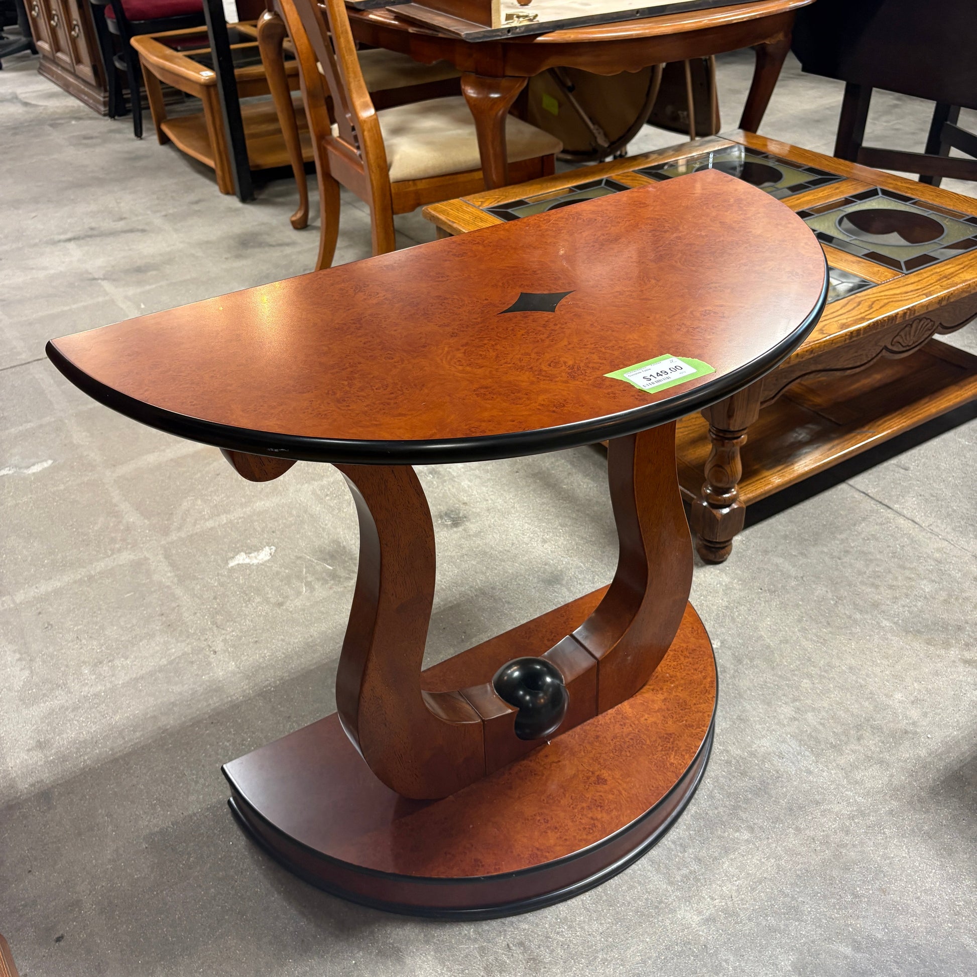 GDM Habitat for Humanity ReStore Burl Demilune Console Table