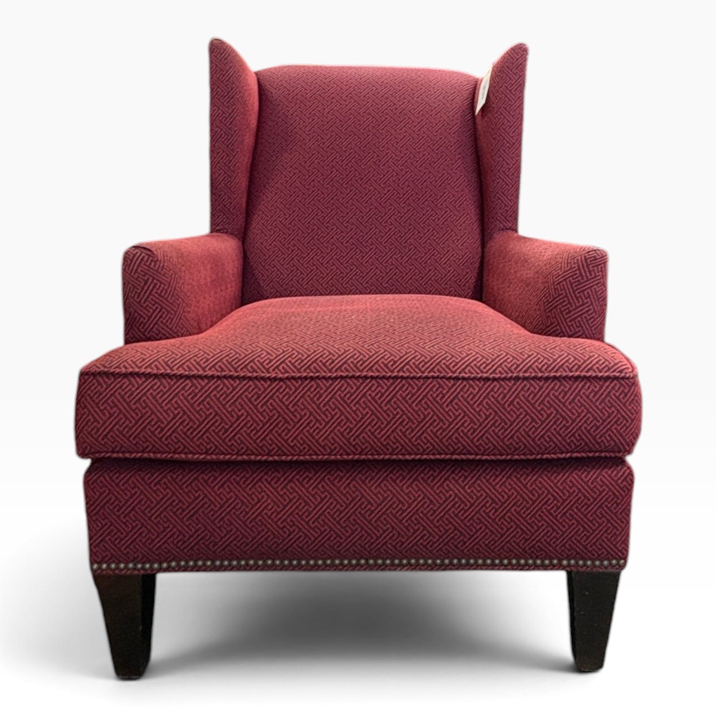 Burgundy Greek-Key Wingback Chair with Nailhead Trim at the Urbandale Habitat ReStore