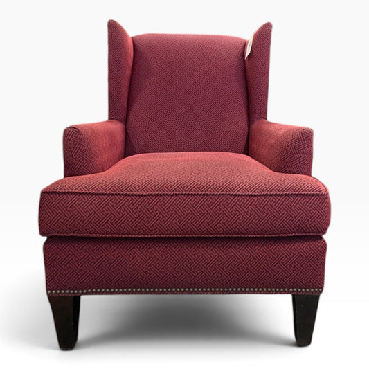Burgundy Greek-Key Wingback Chair with Nailhead Trim at the Urbandale Habitat ReStore