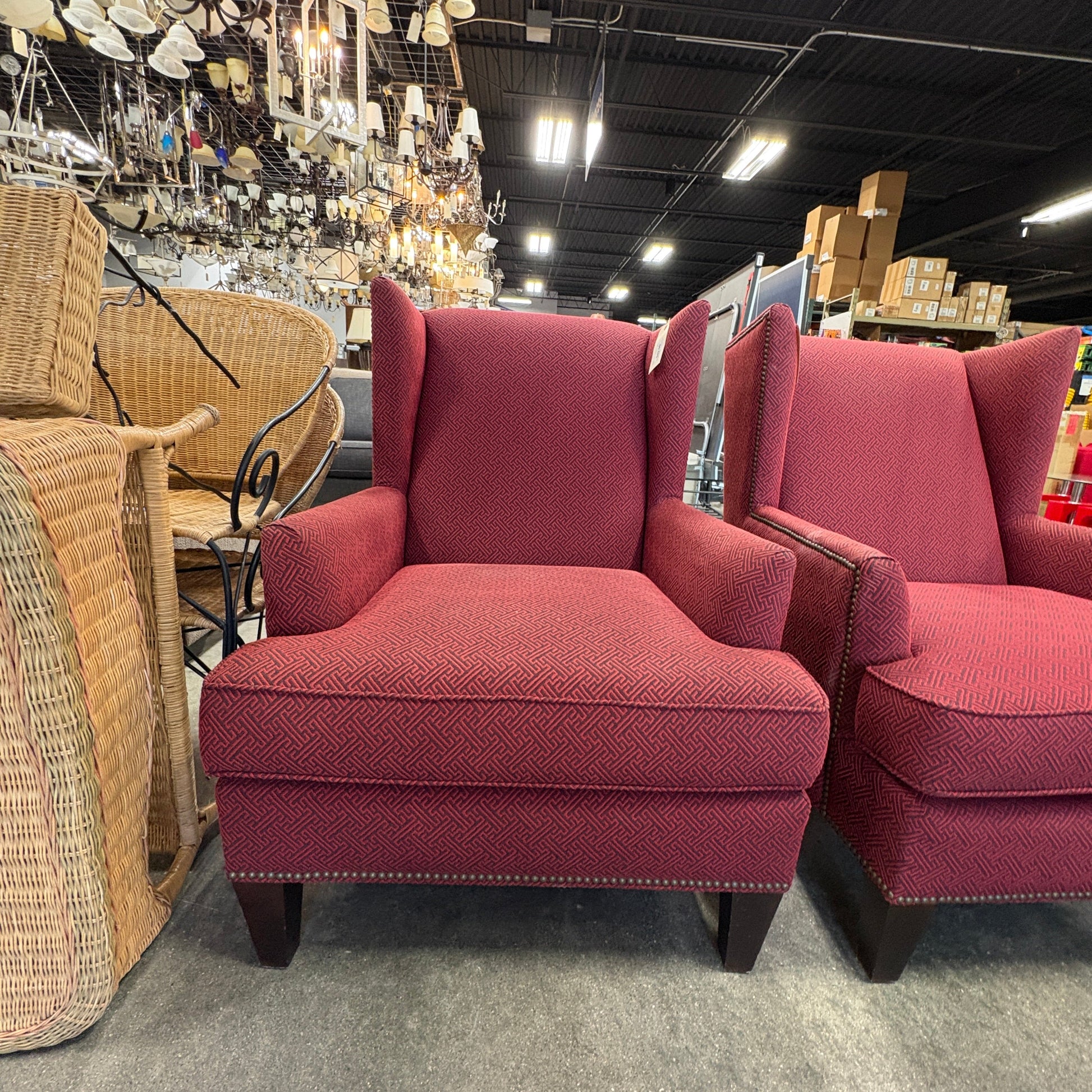 Burgundy Greek-Key Wingback Chair with Nailhead Trim - detail 2