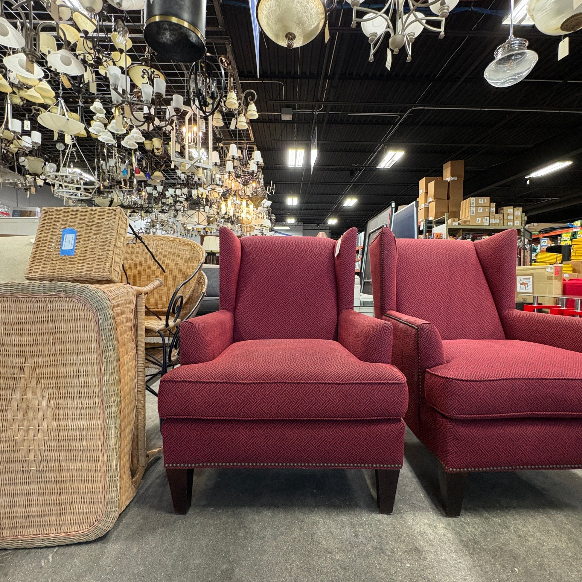 Burgundy Greek-Key Wingback Chair with Nailhead Trim - detail 3