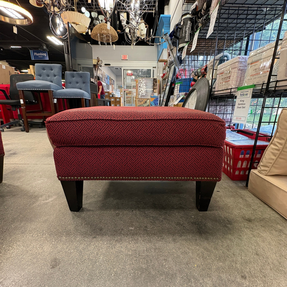 Burgundy Greek-Key Ottoman with Nailhead Trim - detail 2