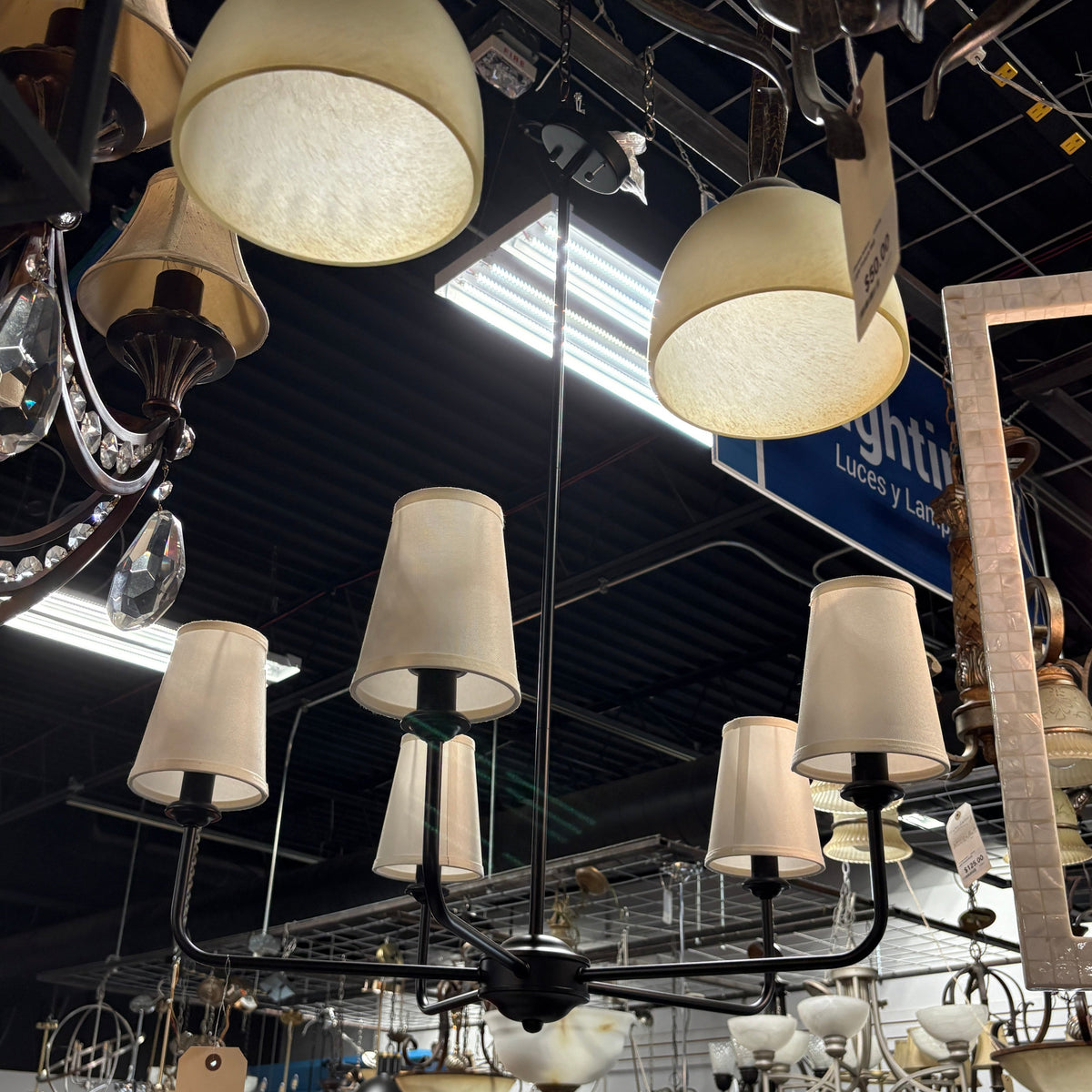 Six-Light Black Chandelier with Cream Tapered Shades - detail 2