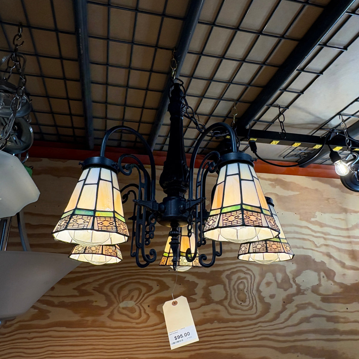 Mission Five-Light Chandelier with Slag Glass Shades - detail 2