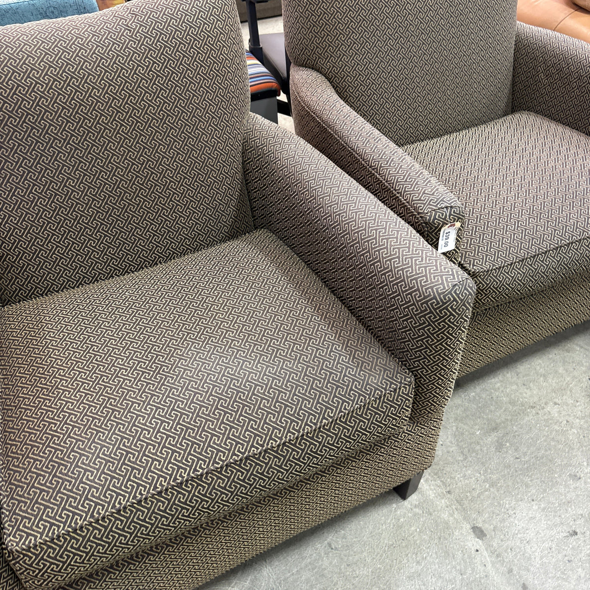 Greek Key Accent Armchair - two of the chairs side by side showing the front and side of the frame