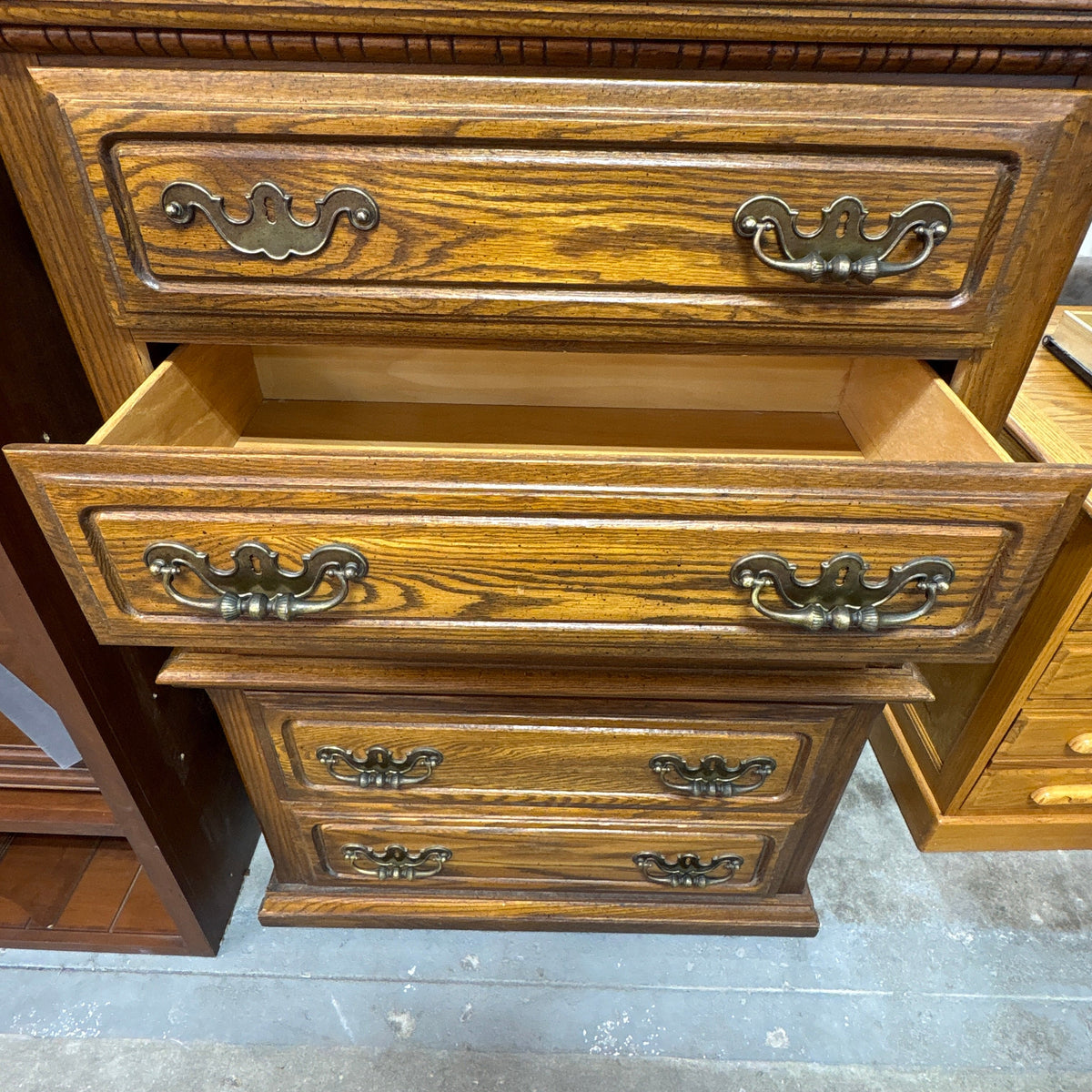 Lea Oak 5 Drawer Tall Chest - three drawers open