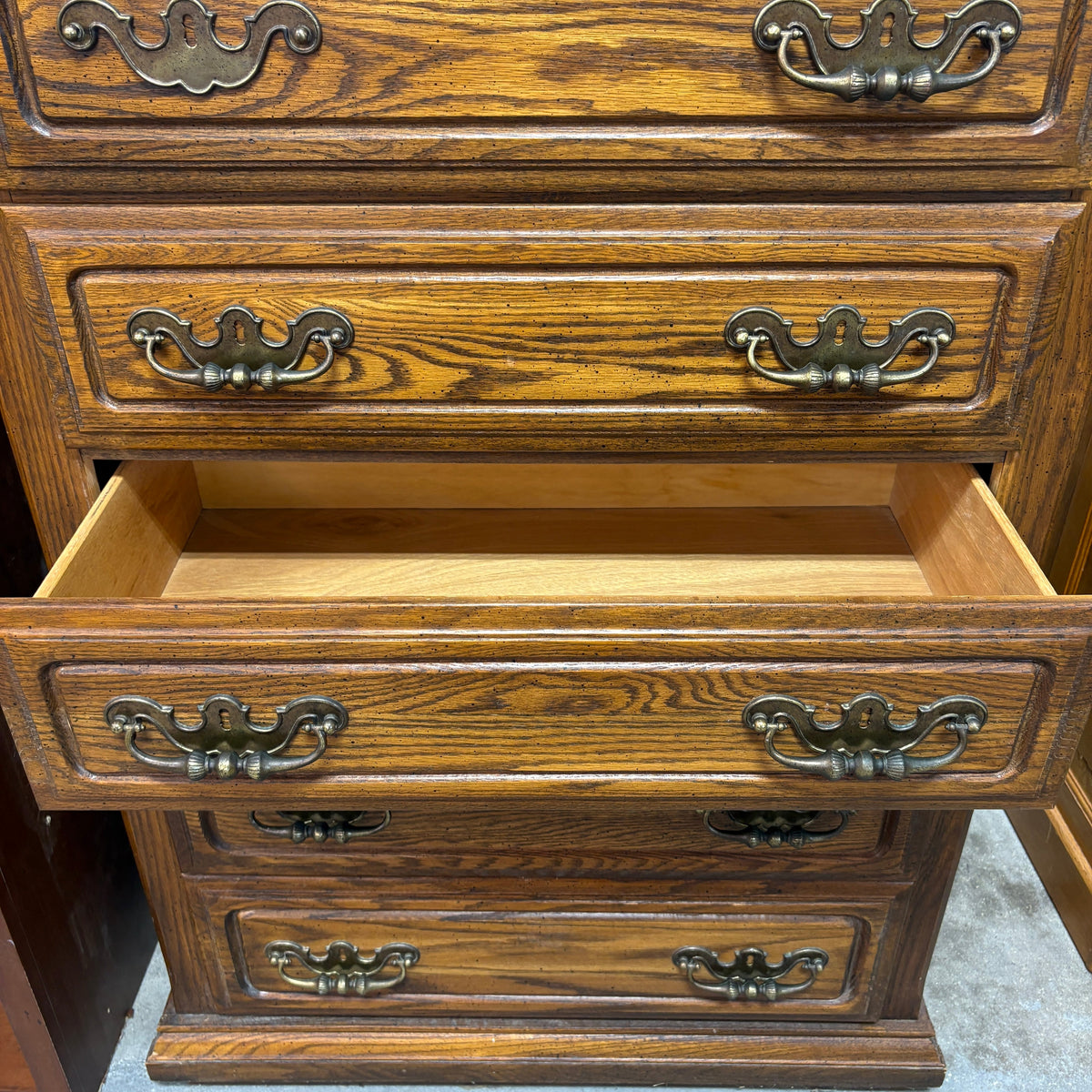 Lea Oak 5 Drawer Tall Chest - upper and lower drawers open together
