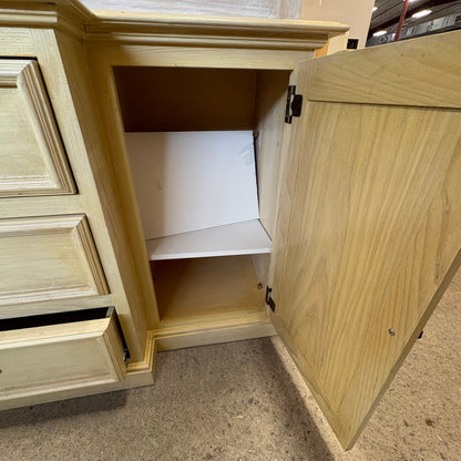 Oak Lighted China Hutch - lower cabinet door open showing the white laminate shelf