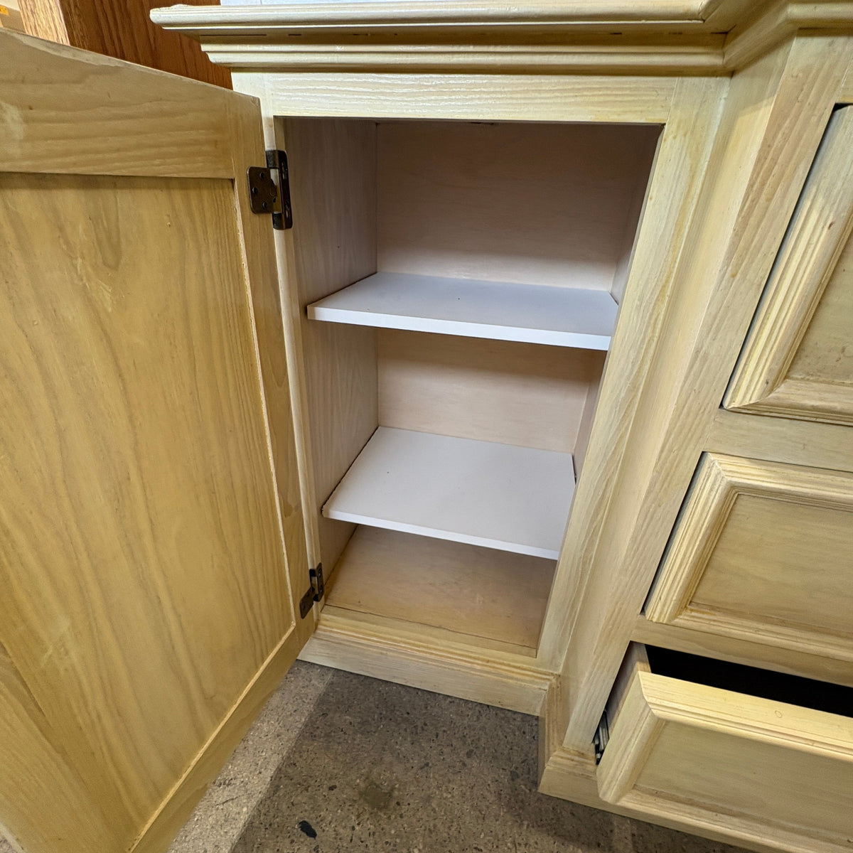 Oak Lighted China Hutch - lower cabinet open showing two interior shelves
