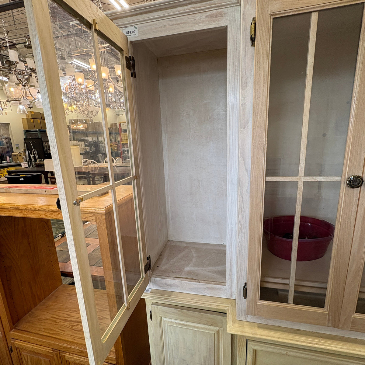 Oak Lighted China Hutch - upper glass doors open showing the lit interior shelving
