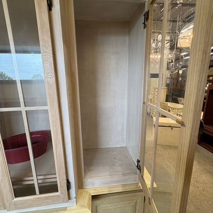 Oak Lighted China Hutch - upper cabinet interior with the glass door swung back