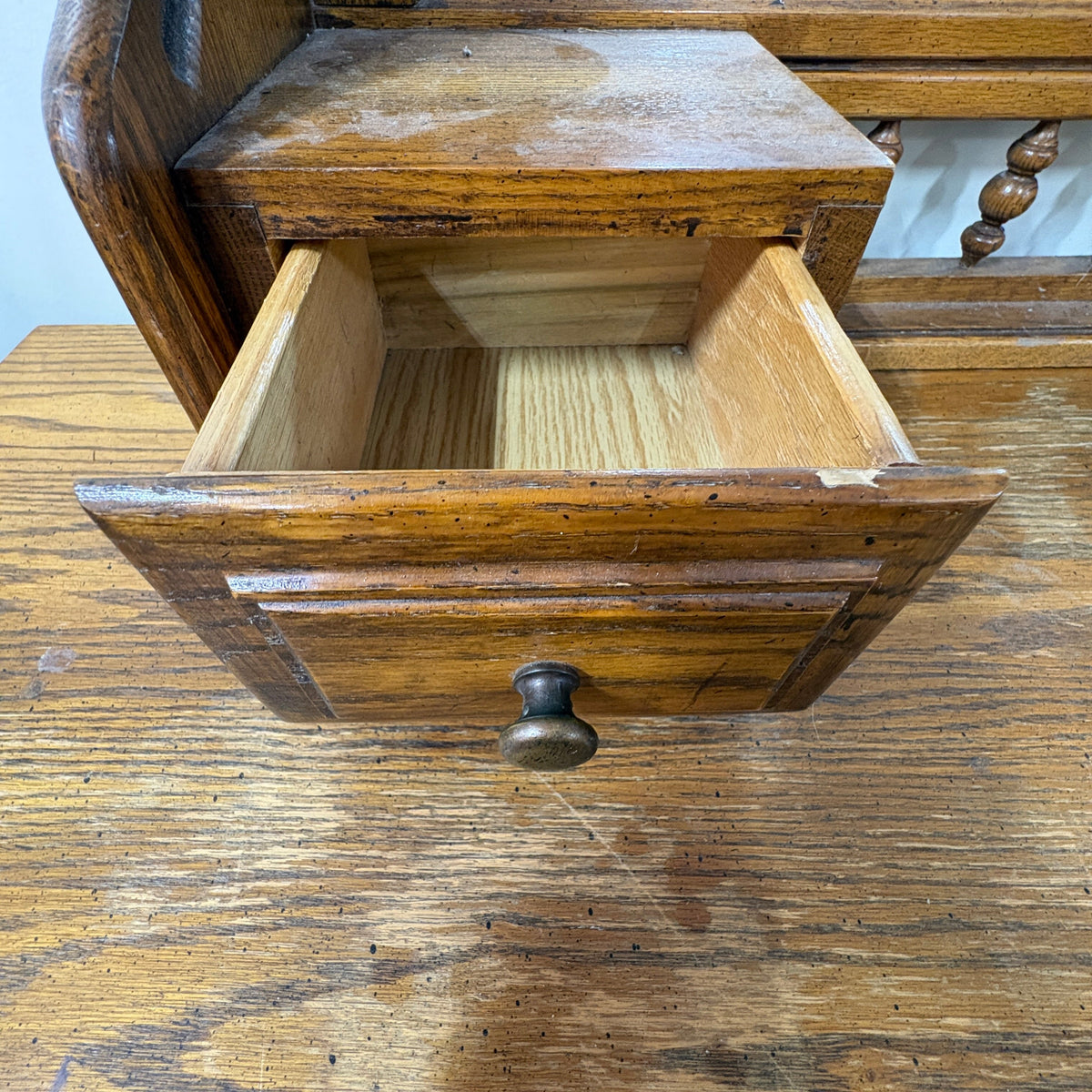 Oak Triple Dresser with Mirror - jewelry drawer on the mirror deck pulled open