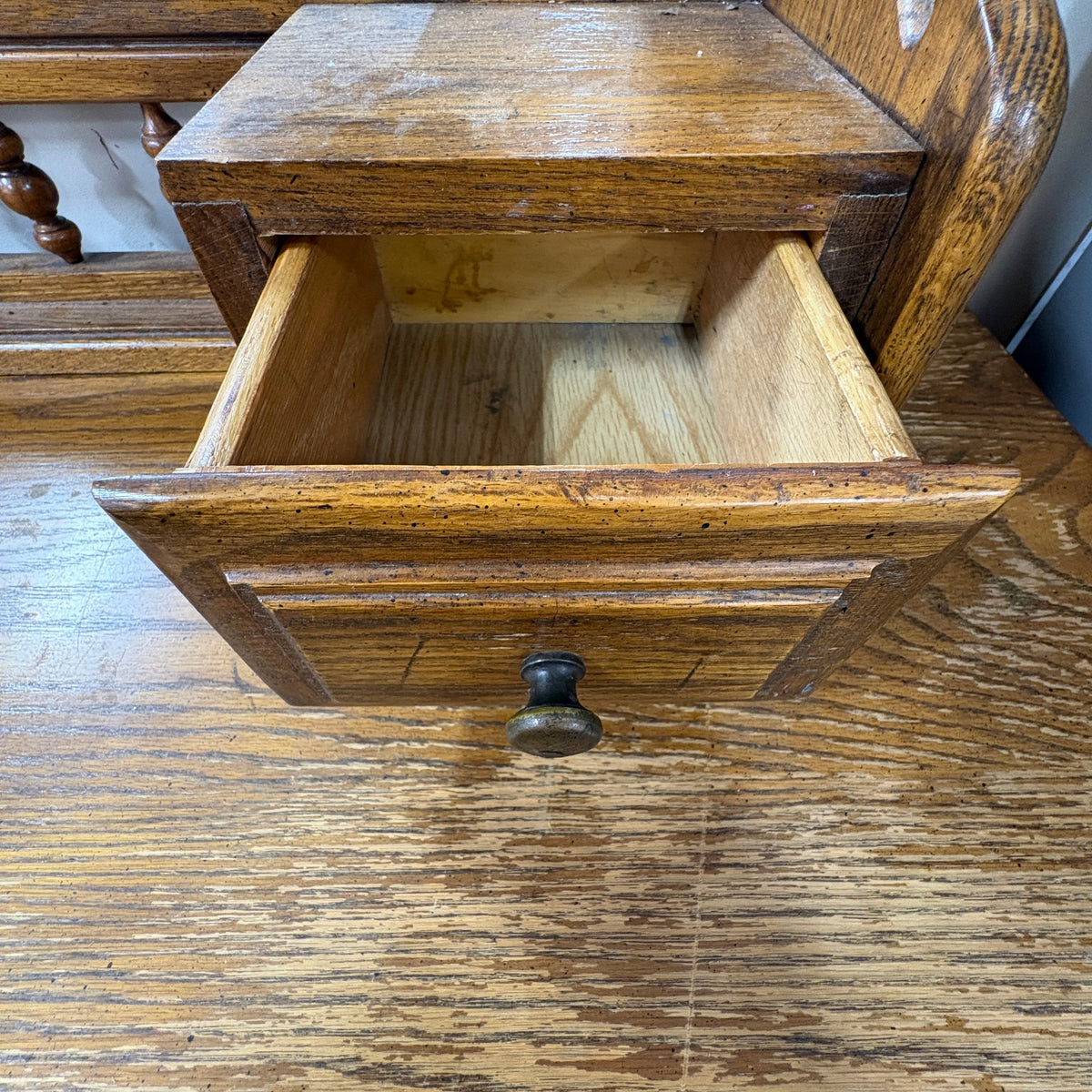 Oak Triple Dresser with Mirror - second jewelry drawer open on the deck