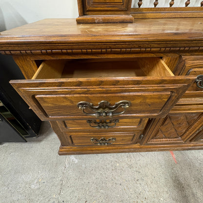 Oak Triple Dresser with Mirror - top surface showing the water marks and scratches