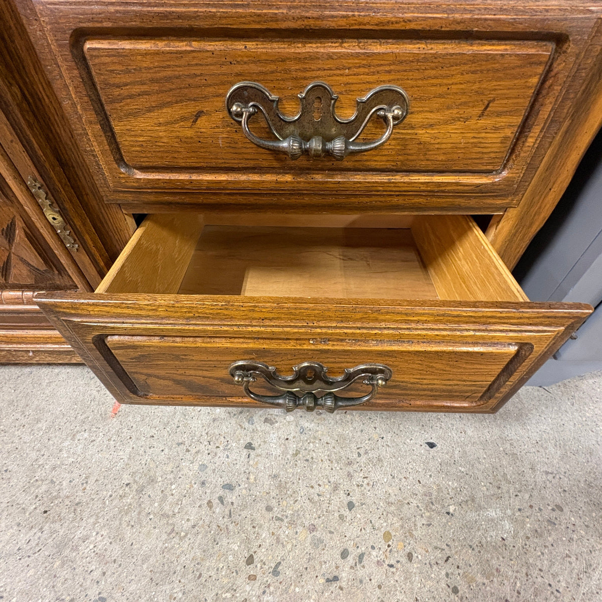 Oak Triple Dresser with Mirror - drawer open showing the solid wood box