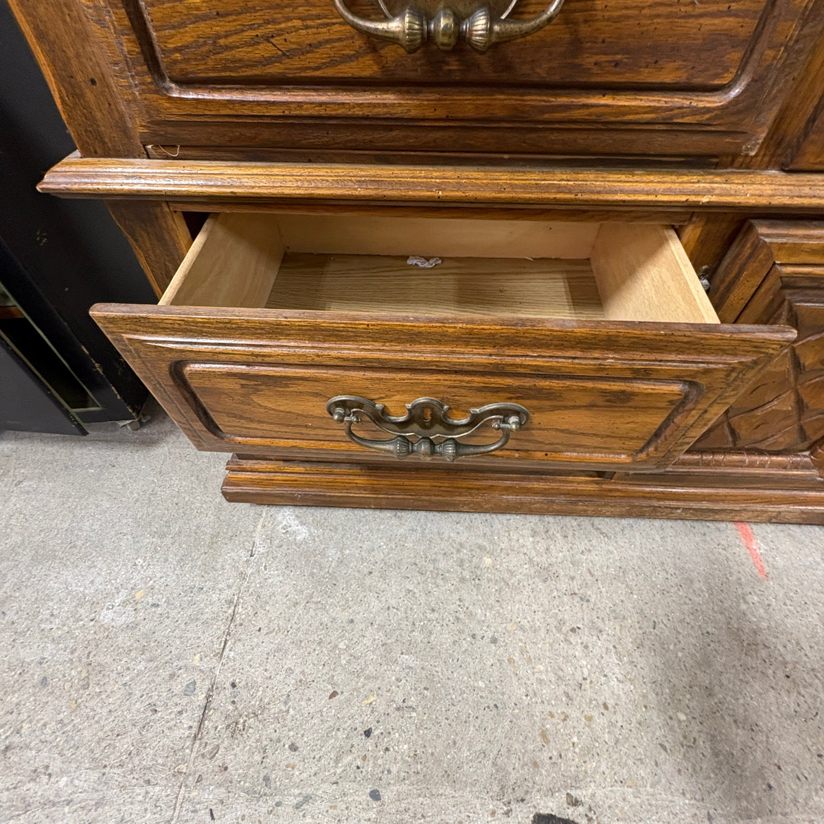 Oak Triple Dresser with Mirror - lower drawer open