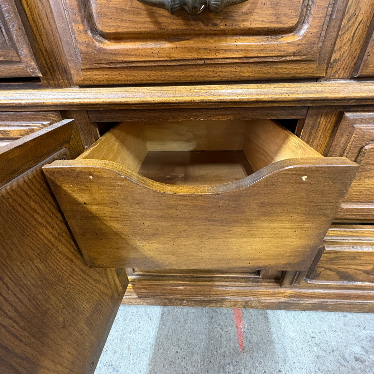 Oak Triple Dresser with Mirror - interior scoop-front drawer pulled out