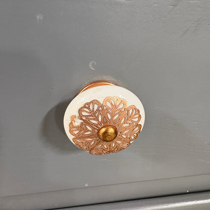 Gray 2 Pc China Hutch Glass - close-up of the painted ceramic floral knob
