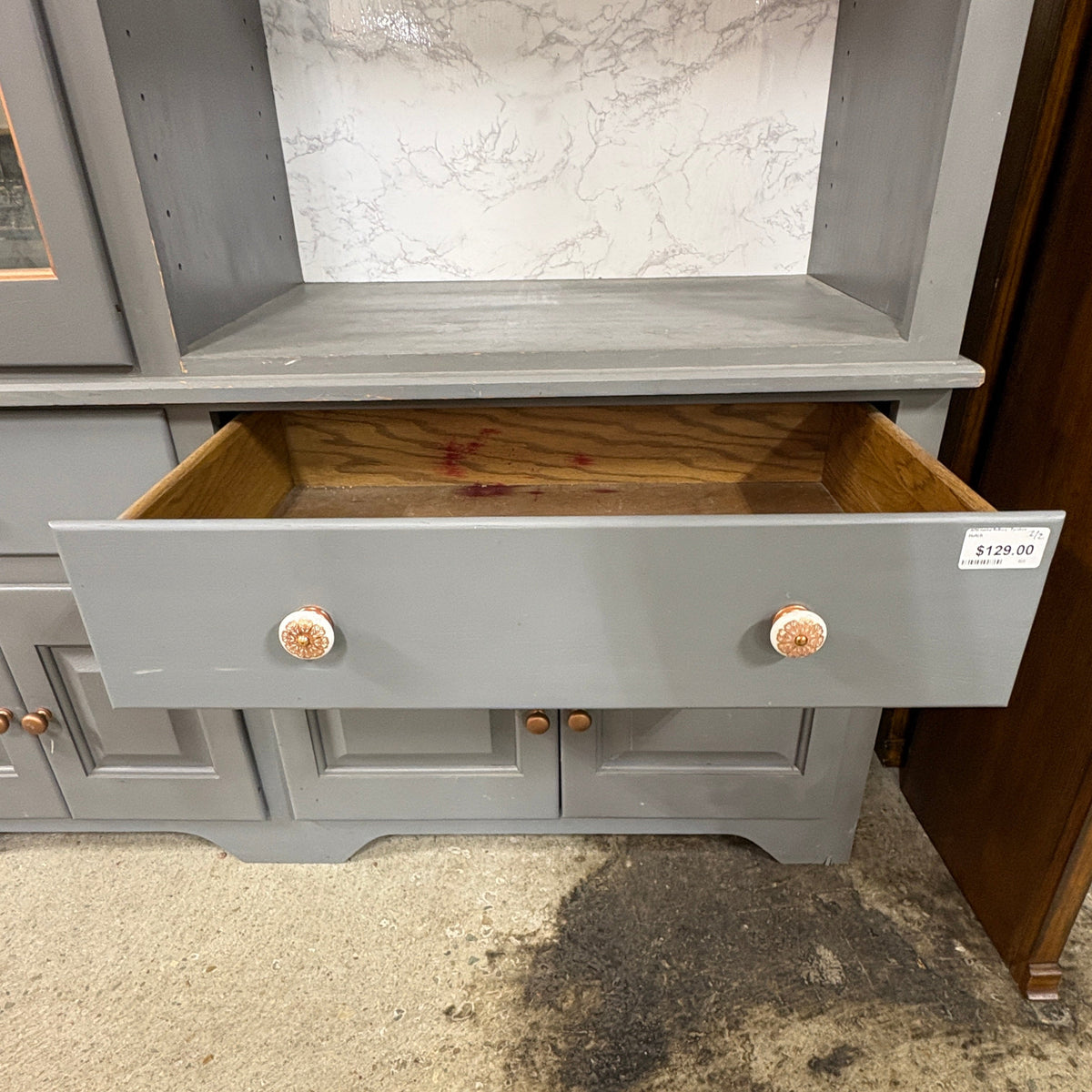 Gray 2 Pc China Hutch Glass - top base drawer pulled open showing the raw wood interior