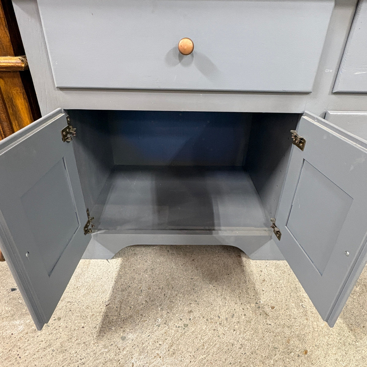 Gray 2 Pc China Hutch Glass - lower base cabinet doors open showing the empty painted interior