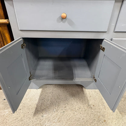 Gray 2 Pc China Hutch Glass - lower base cabinet doors open showing the empty painted interior