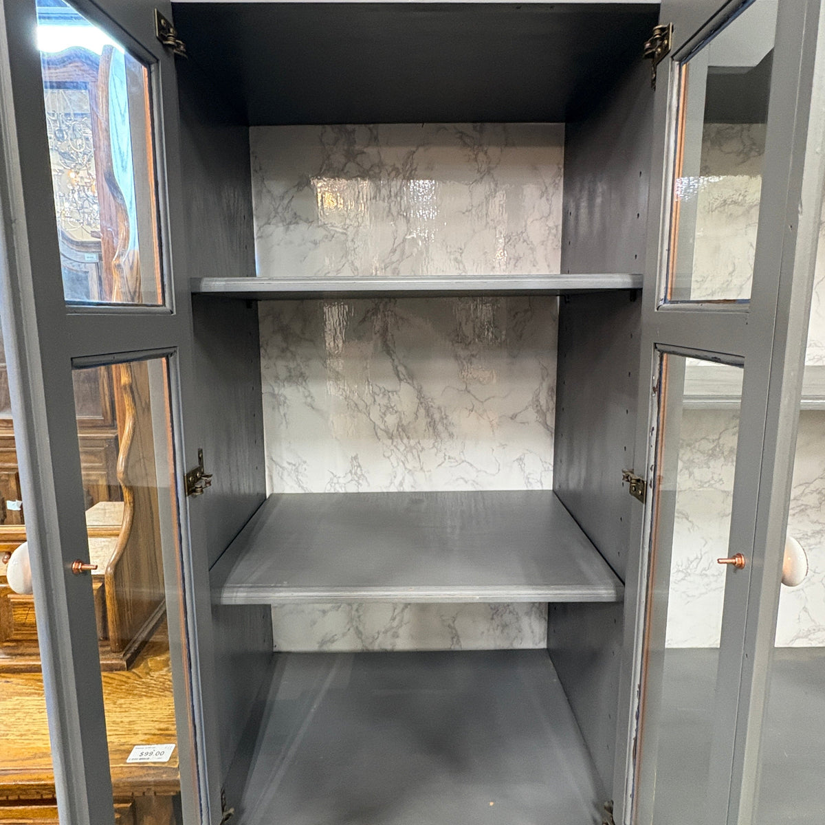 Gray 2 Pc China Hutch Glass - both glass upper doors open showing the shelves and marble-look backing