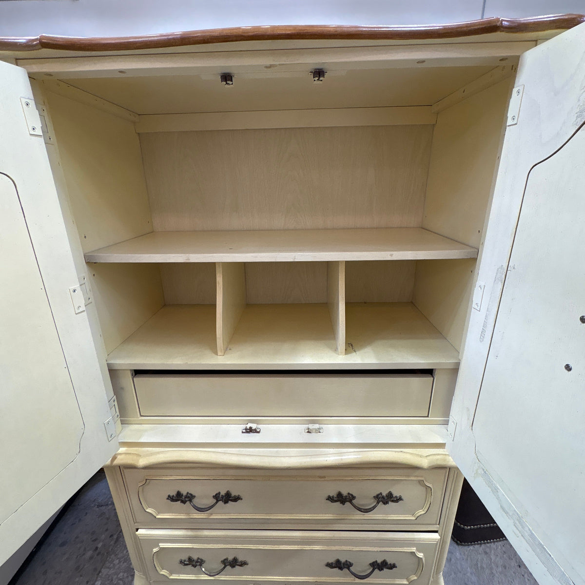 Stanley French Prov Armoire - upper cabinet open showing the fixed shelf and divided compartments
