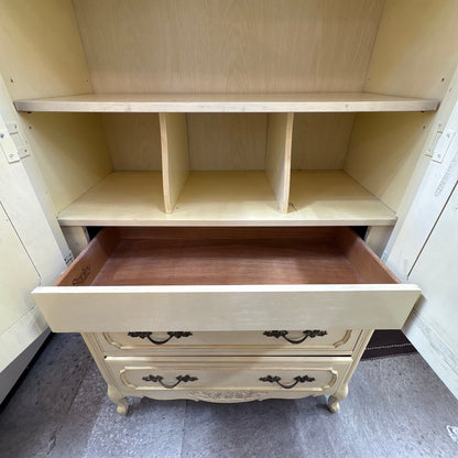Stanley French Prov Armoire - upper cabinet open above a pulled-out drawer