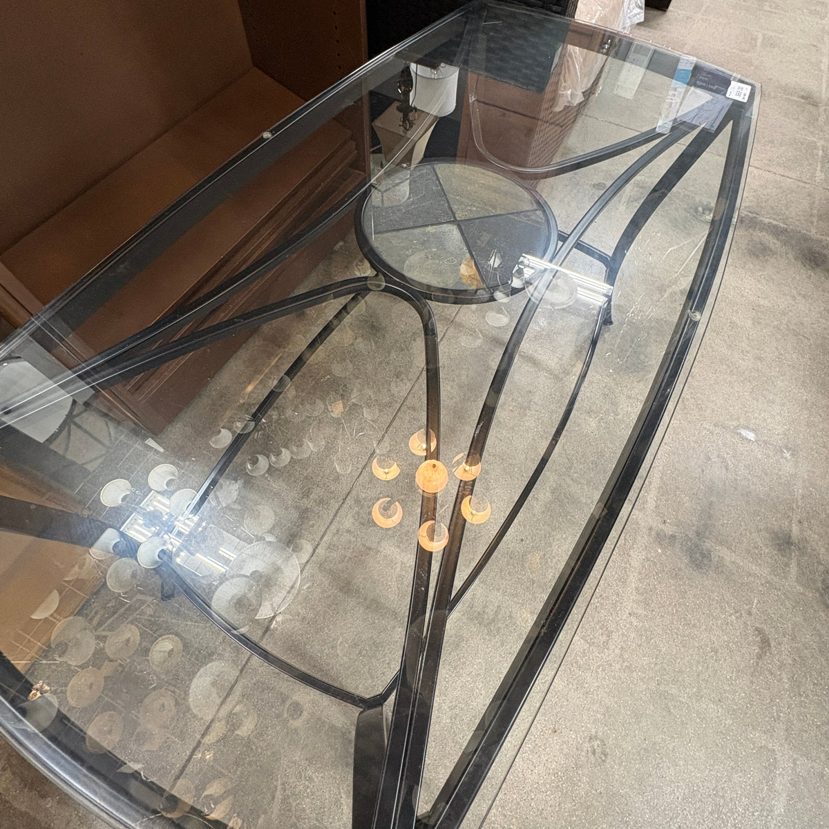 GDM Habitat for Humanity ReStore Glass-Top Black Metal Coffee Table with Slate Medallion