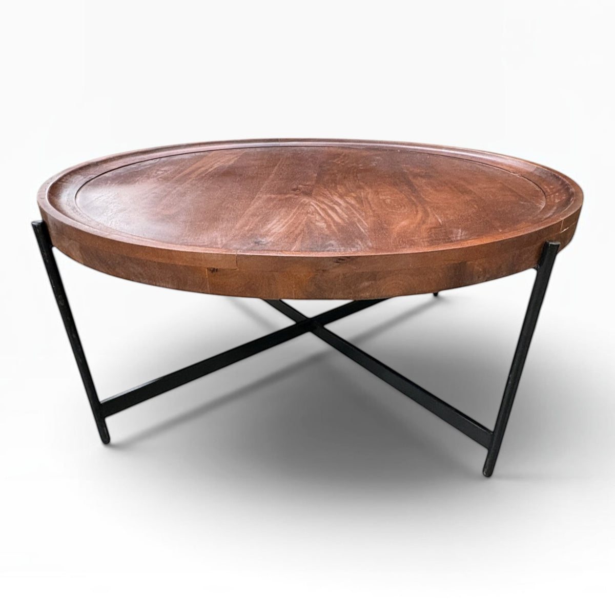 GDM Habitat for Humanity ReStore Round Mango Wood Tray-Top Coffee Table on Black X-Base