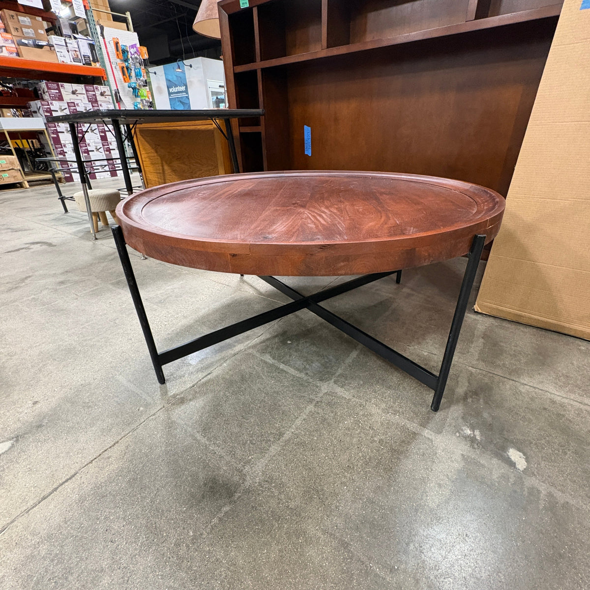 GDM Habitat for Humanity ReStore Round Mango Wood Tray-Top Coffee Table on Black X-Base