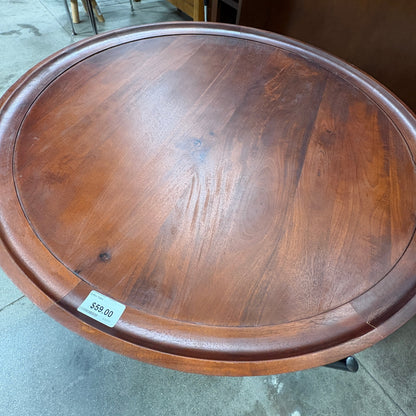GDM Habitat for Humanity ReStore Round Mango Wood Tray-Top Coffee Table on Black X-Base