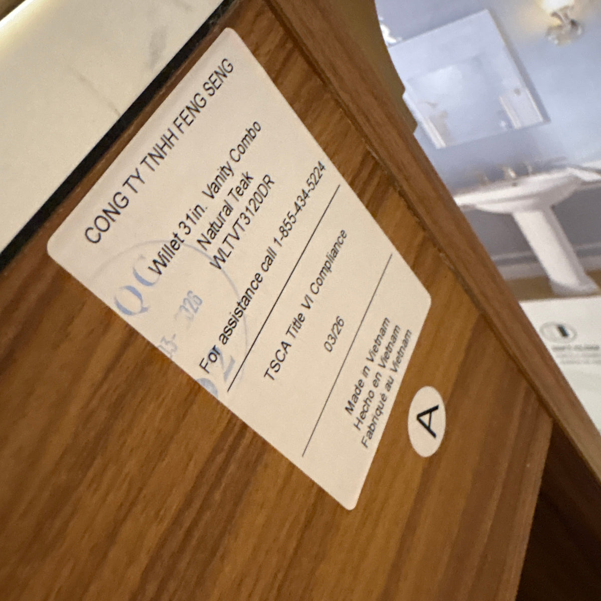 Willet 31 in Vanity Combo - manufacturer label reading Willet 31 in. Vanity Combo, Natural Teak, WLTVT3120DR