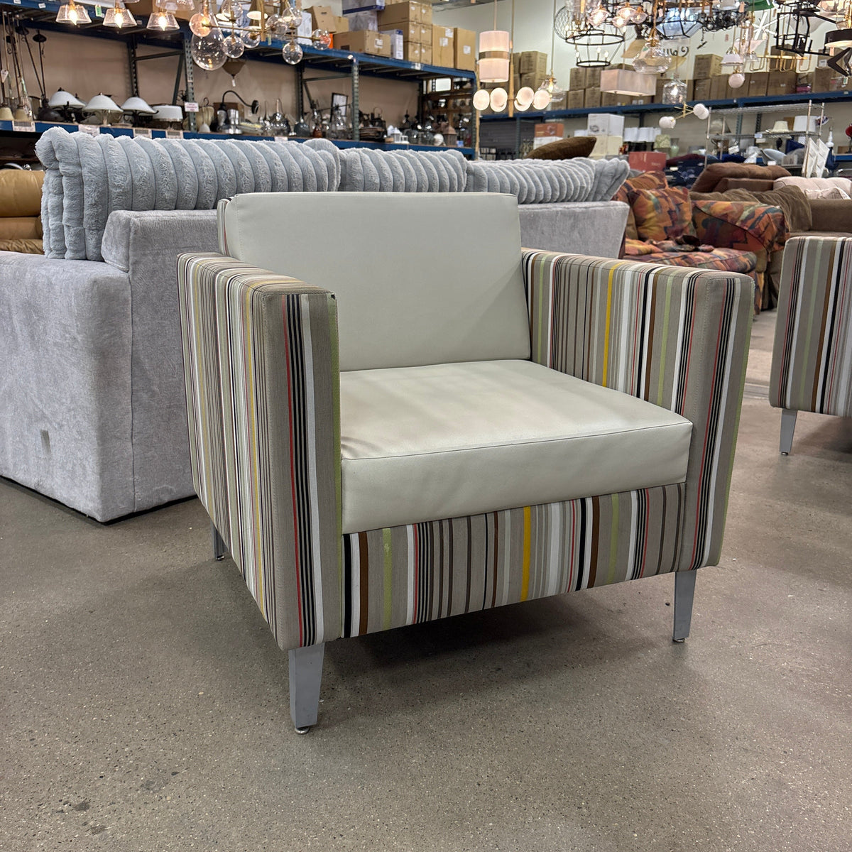 Gunlocke Striped Lounge Chair - front view of the striped frame and cream seat cushion