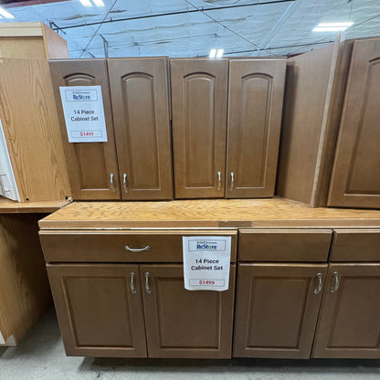 14 Pc Brown Cabinet Set - full set of wall and base cabinets staged together