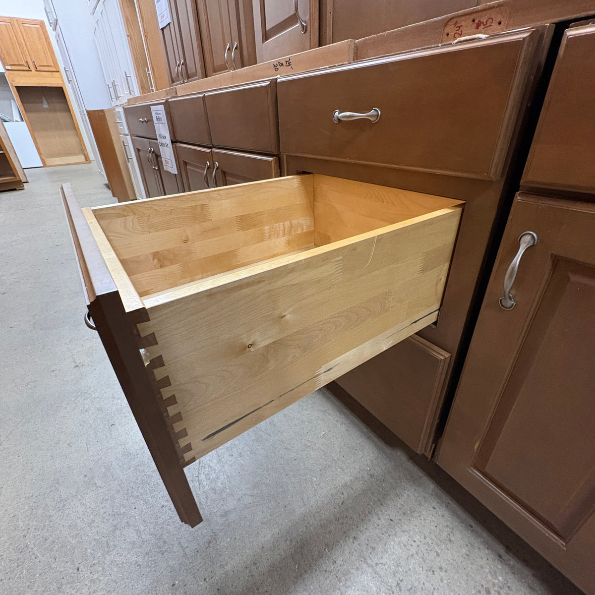 14 Pc Brown Cabinet Set - drawer pulled out showing the dovetailed maple box construction