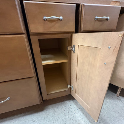 14 Pc Brown Cabinet Set - base cabinet door open showing the single interior shelf