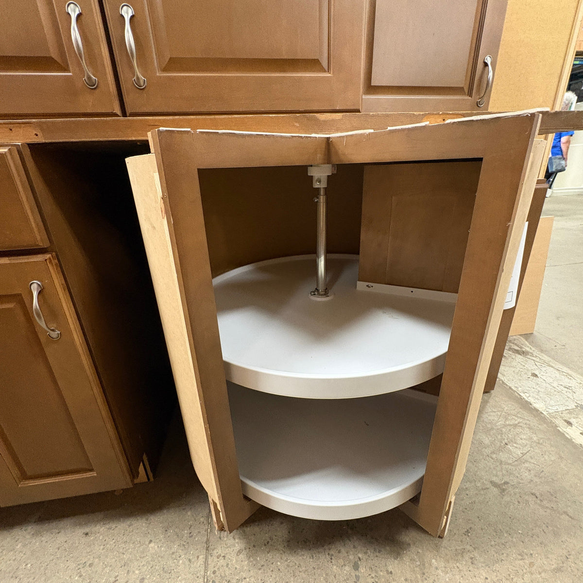 14 Pc Brown Cabinet Set - lazy-susan corner base open with the two round turntable shelves