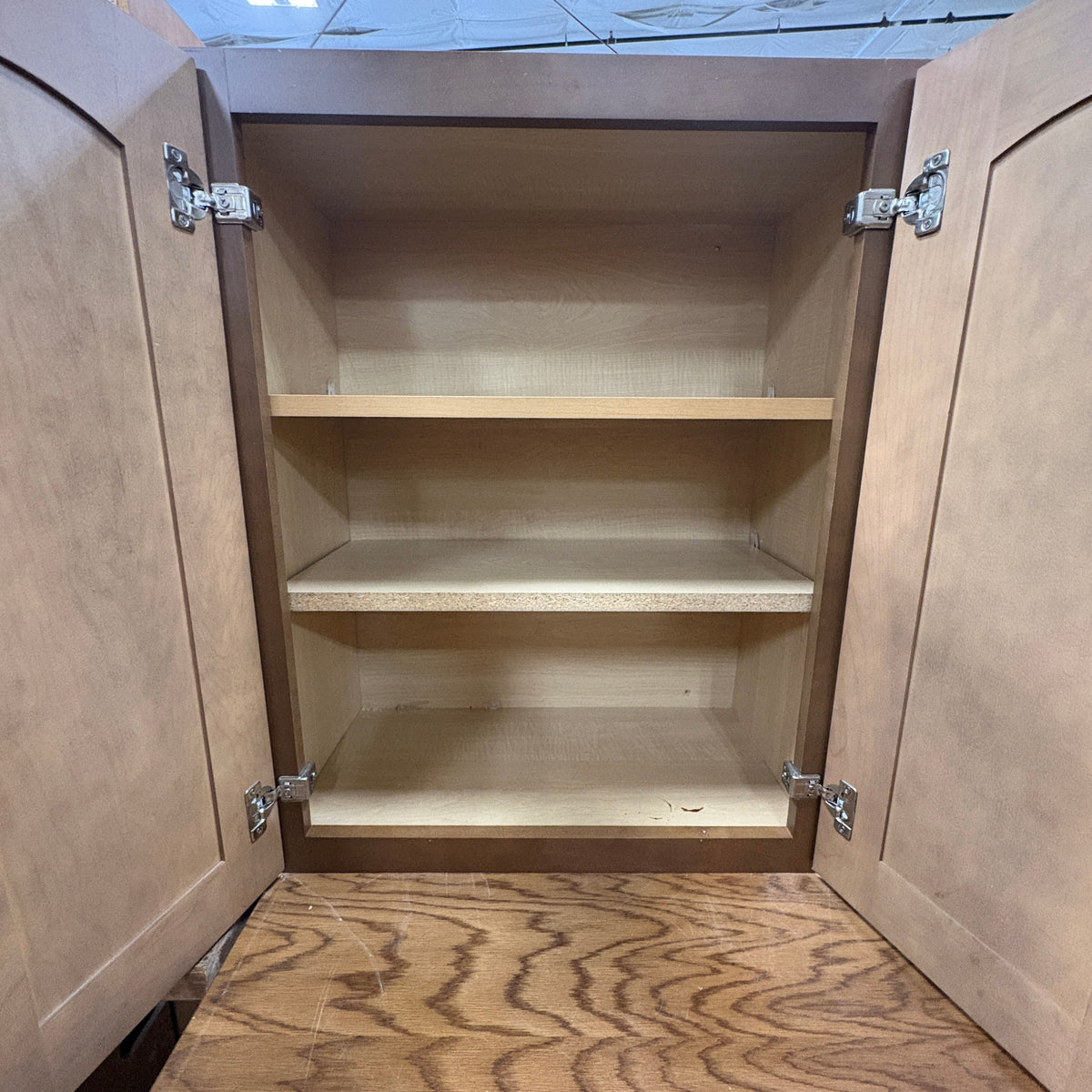 14 Pc Brown Cabinet Set - wall cabinet open showing the adjustable middle shelf