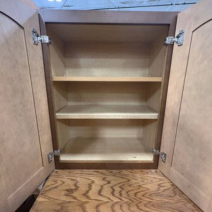 14 Pc Brown Cabinet Set - wall cabinet open showing the adjustable middle shelf