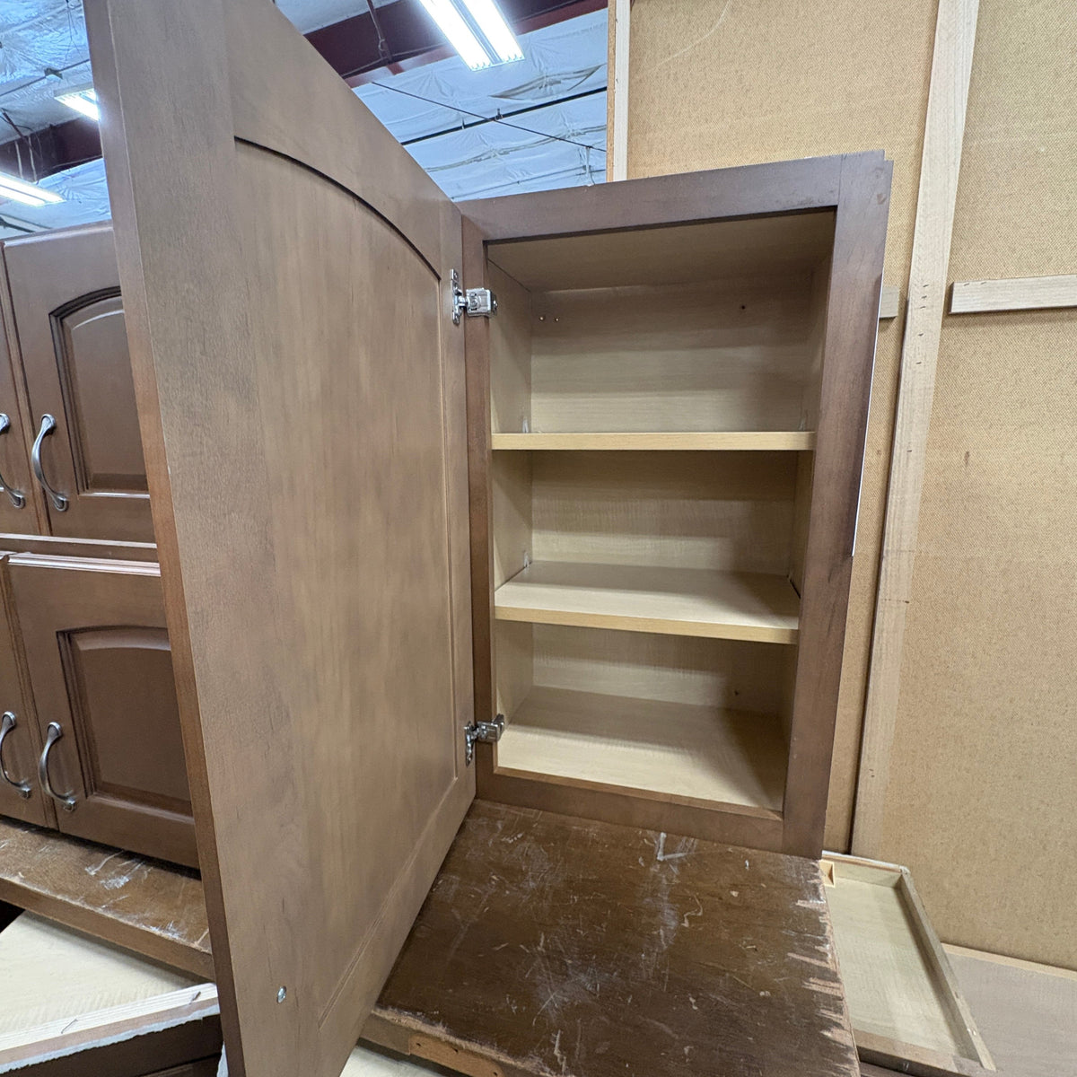 14 Pc Brown Cabinet Set - upper wall cabinet open showing its two adjustable shelves