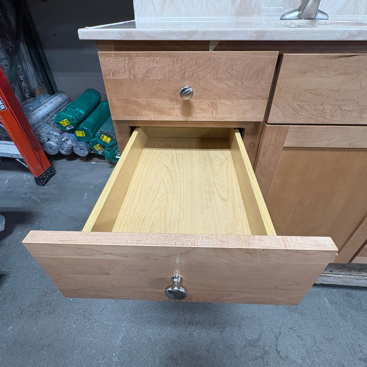 49 in Maple Vanity Set - right bank drawer pulled open
